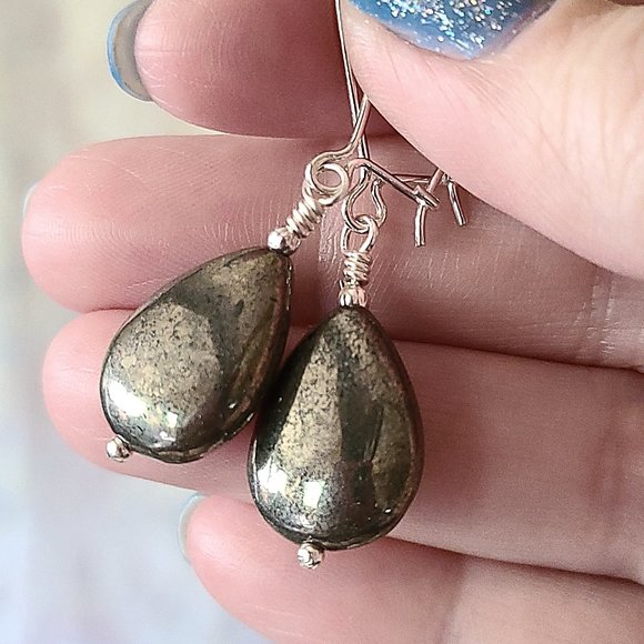 Golden Pyrite Drop Earrings Sterling Silver Genuine Gemstone - Picture 2 of 8